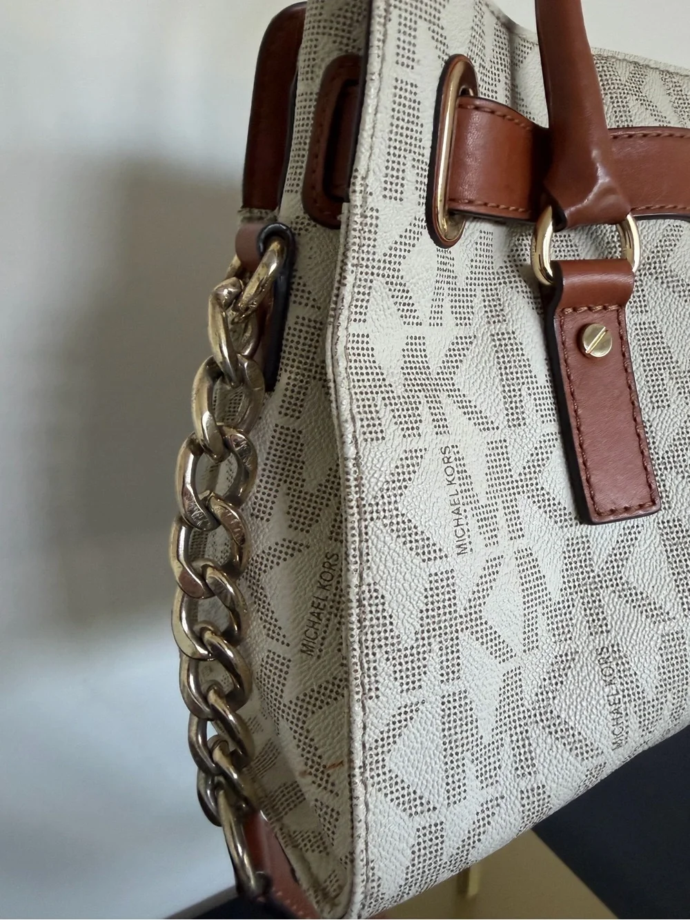 Michael Kors Hamilton Signature MK Logo Lock Satchel Vanilla Brown Leather